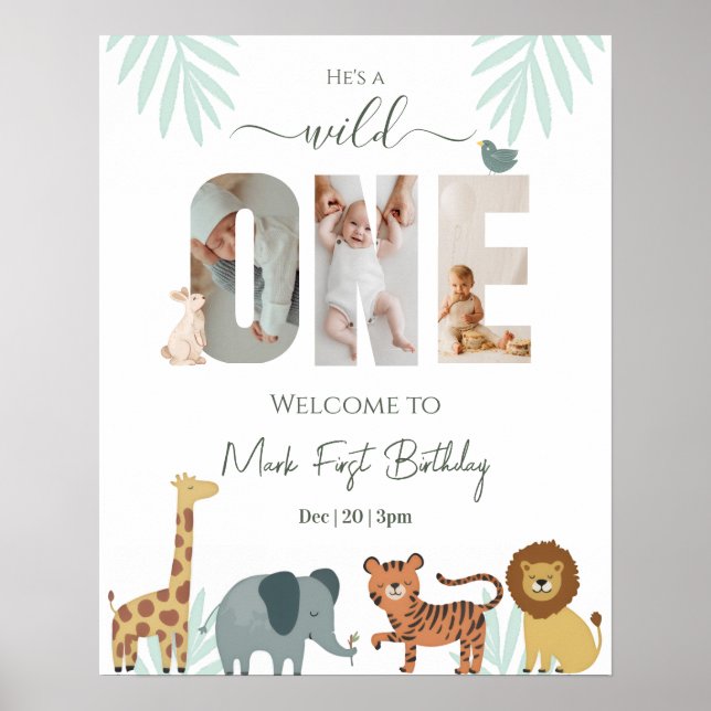 Safari Animal Boy 1st Birthday Welcome Sign (Front)