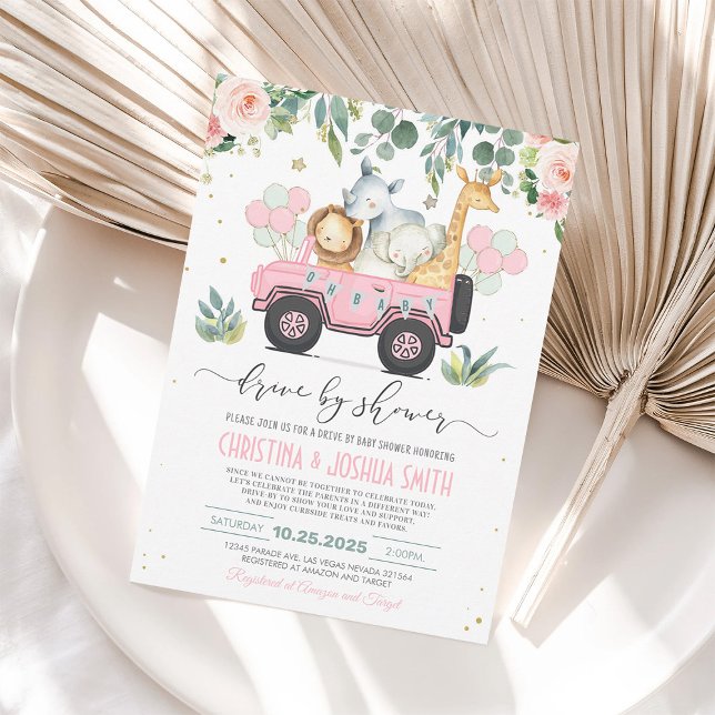 Safari Animal Drive Through Baby Shower Girl Invitation (Creator Uploaded)