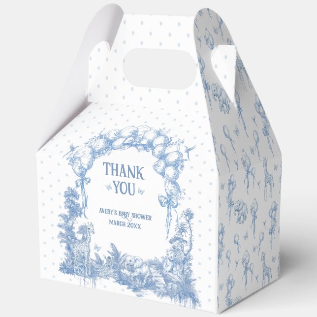 Safari Animal Dusty Blue Toile Baby Boy Shower Favour Box (Front)