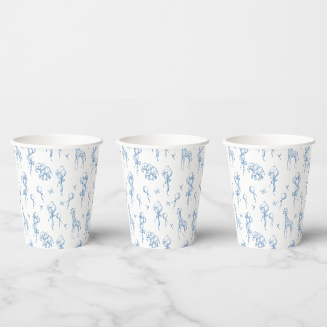 Safari Animal Dusty Blue Toile Baby Boy Shower Paper Cups (Multi)