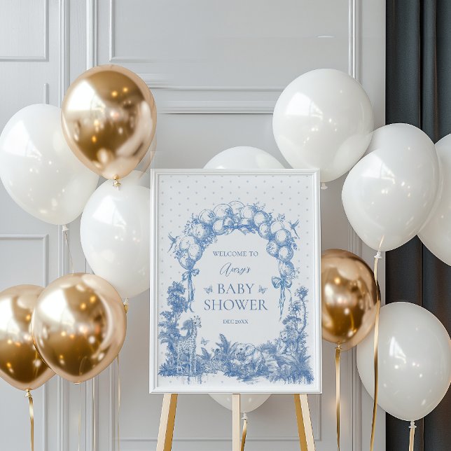 Safari Animal Dusty Blue Toile Baby Boy Shower Poster (Creator Uploaded)