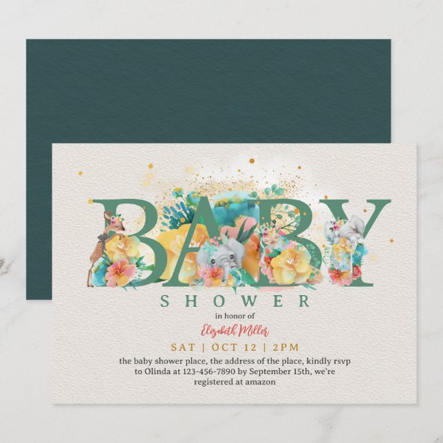 Safari Animal Elephant Giraffe Baby Girl Shower Invitation (Front/Back)