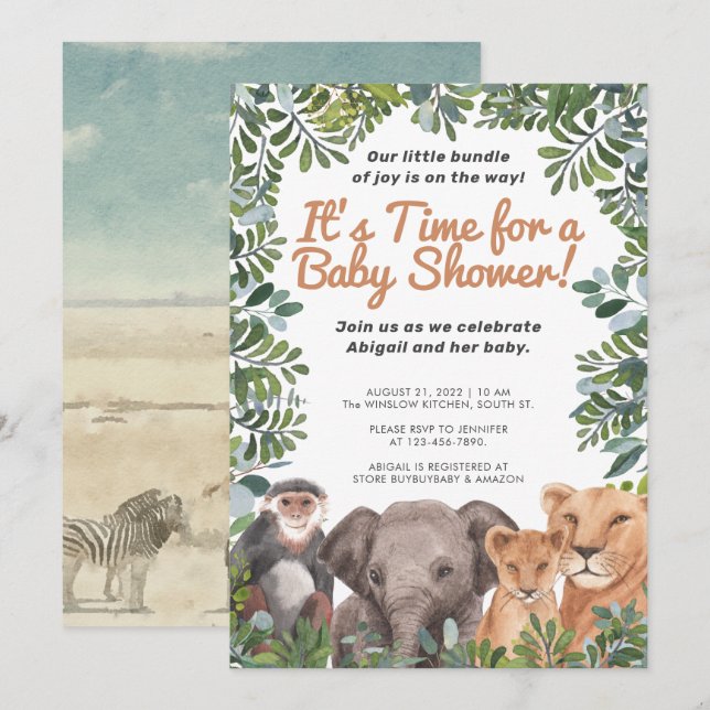 Safari Animal , Elephant, Monkey Green Baby Shower Invitation (Front/Back)