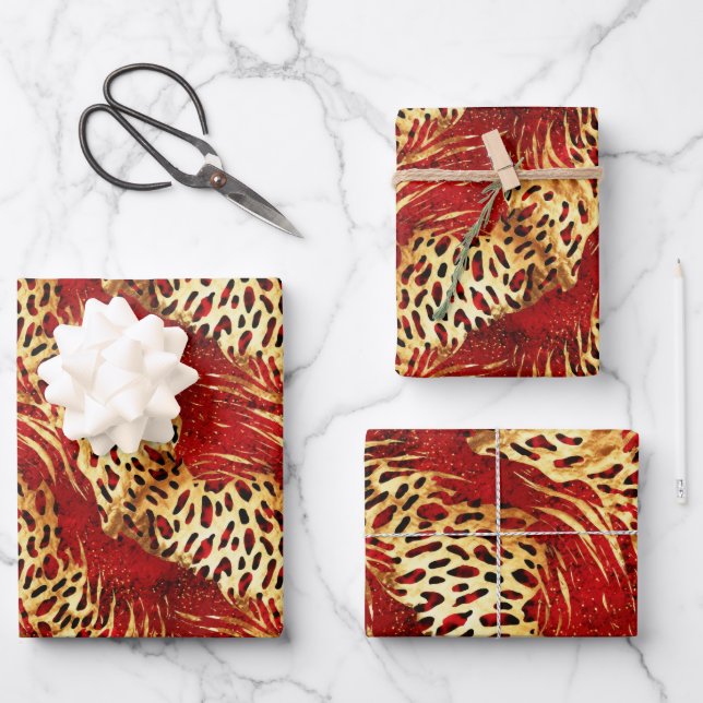 Safari Animal Fur Prints Patterns Red and Gold Wrapping Paper Sheet (Front)