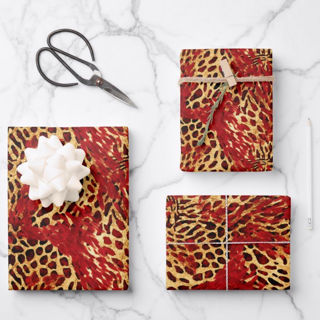 Safari Animal Fur Prints Patterns Red and Gold Wrapping Paper Sheet (Front)
