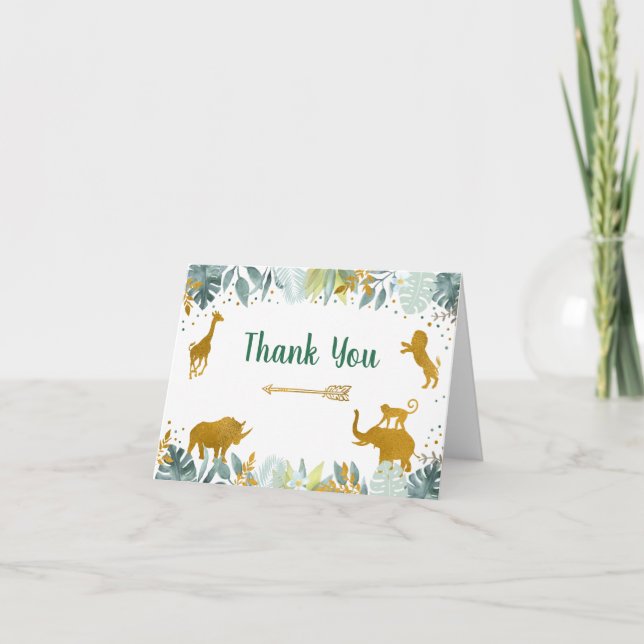 Safari Animal Greenery Gold Birthday Thank You (Front)