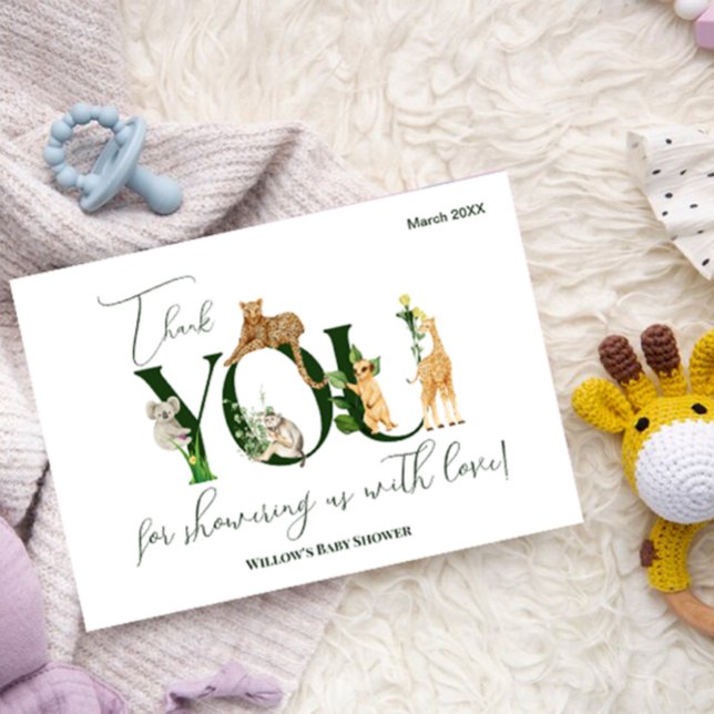 Safari Animal Jungle Green boy Baby Shower  Thank You Card (Thank you for showering us with love card)