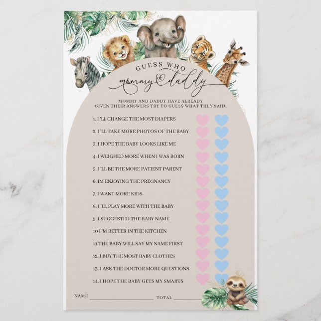 Safari Animal Jungle Modern Mum or Dad Game (Front)