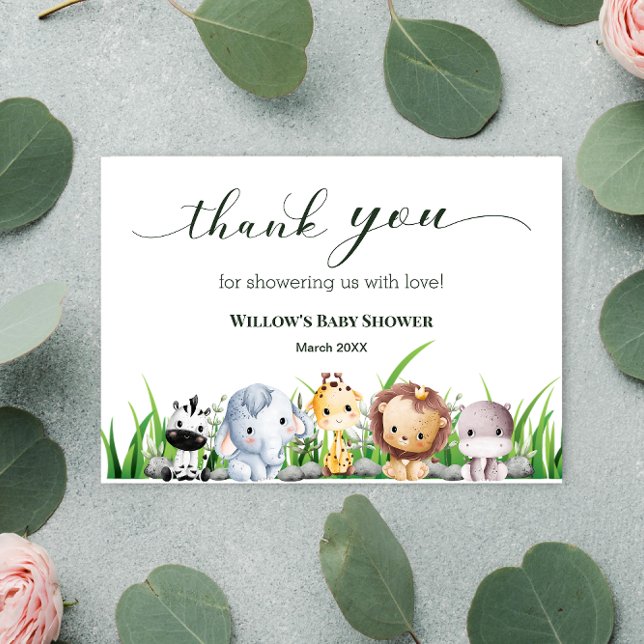 Safari Animal Jungle White boy Baby Shower  Thank You Card (Thank you safari animals baby shower card)