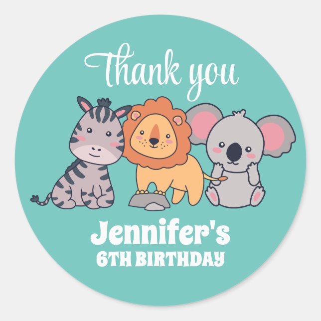 Safari Animal Lion Zebra Koala Kids Birthday Party Classic Round Sticker (Front)
