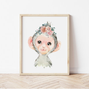 Safari Animal Nursery Art, Watercolor Monkey Kids Poster