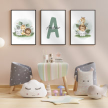 Safari Animal Nursery Watercolor Initial Name Kids