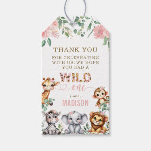 Safari Animal Pink Floral 1st Birthday Thank You Gift Tags