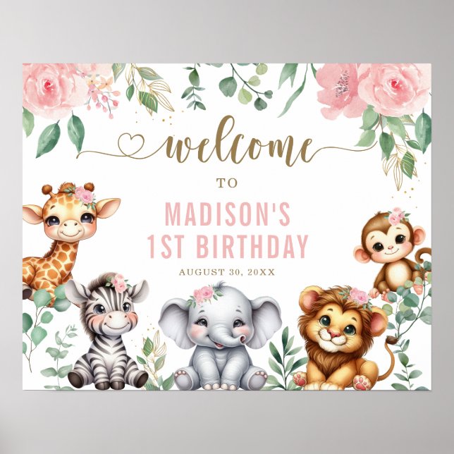 Safari Animal Pink Floral 1st Birthday Welcome Poster (Front)