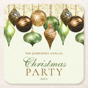 Safari Animal Print Green Gold Christmas Party Square Paper Coaster