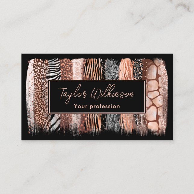 Safari Animal Print Rose Gold Brush Strokes Business Card (Front)