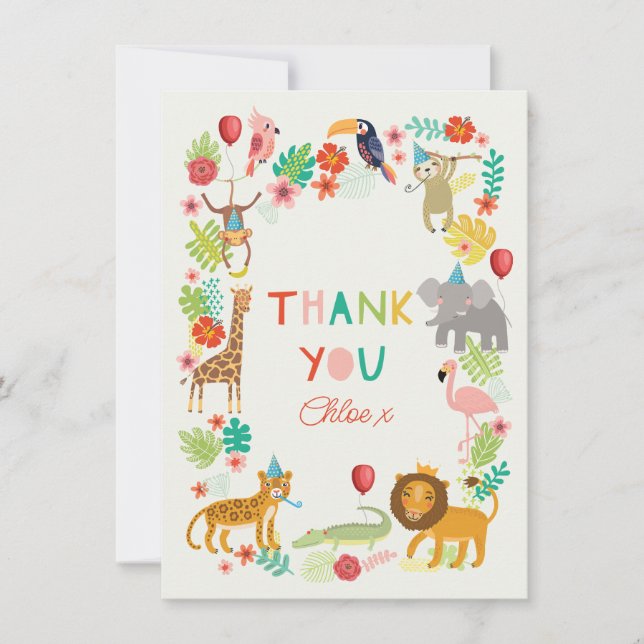 Safari Animal Thank You, Colourful fun Jungle Them Thank You Card (Front)