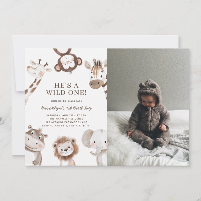 Safari Animal Themed with Photo 1st Birthday Invitation (Front)