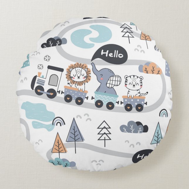 Safari Animal Train Parade Nursery Round Cushion (Front)