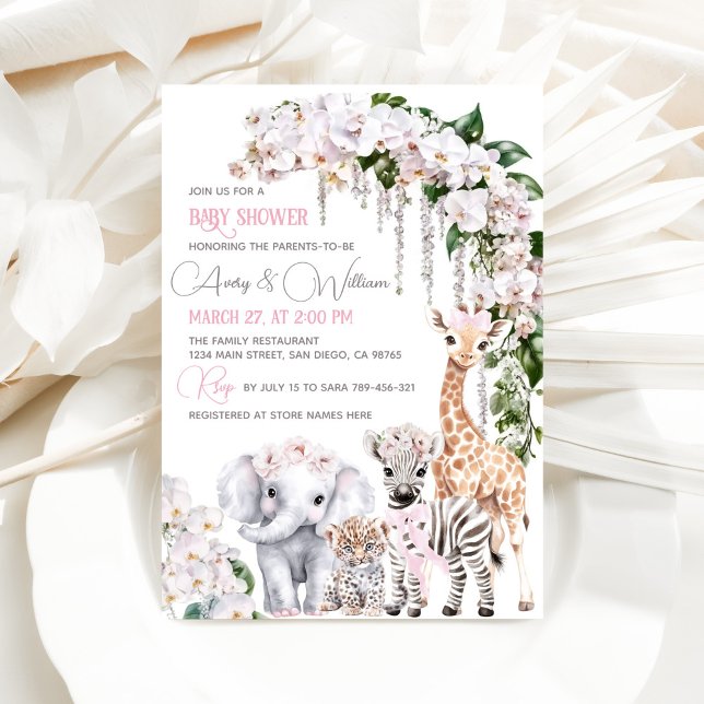 Safari Animal Tropical Flower Pink Baby Shower Invitation (Creator Uploaded)