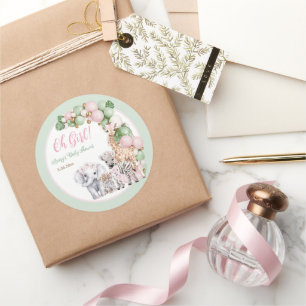 Safari Animal Tropical Green Pink Baby Girl Shower Classic Round Sticker