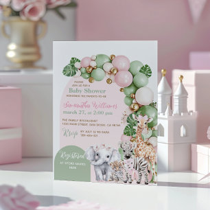 Safari Animal Tropical Green Pink Baby Girl Shower Invitation
