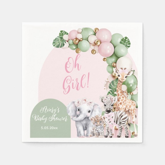 Safari Animal Tropical Green Pink Baby Girl Shower Napkin (Front)