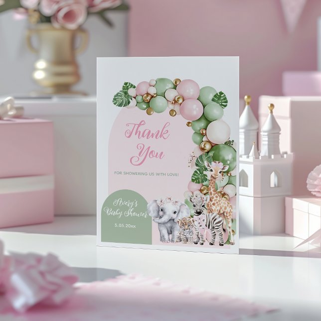 Safari Animal Tropical Green Pink Baby Girl Shower Thank You Card (Creator Uploaded)