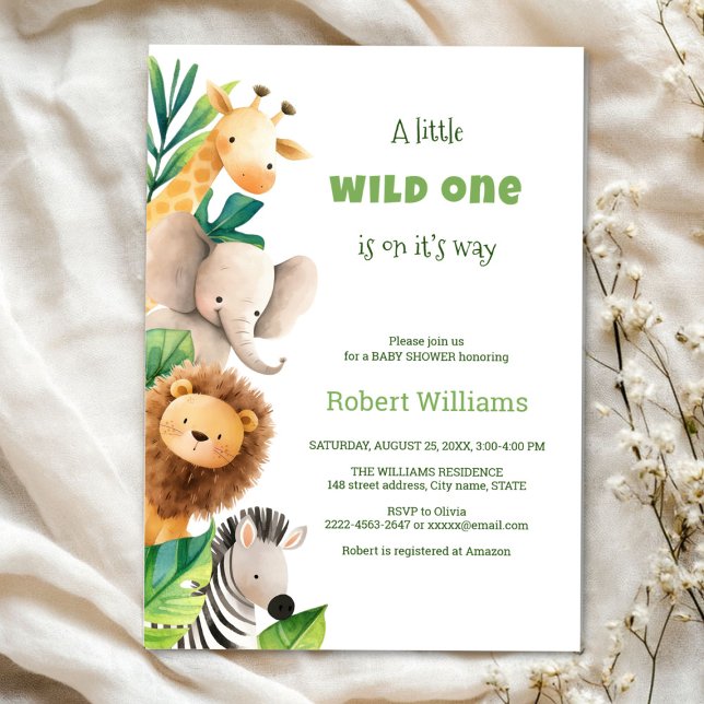 Safari animal watercolor baby shower invitation (Safari wild one baby shower invitation )