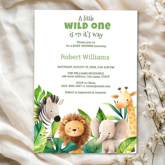 Safari animal watercolor baby shower invitation (Safari wild one baby shower invitation )