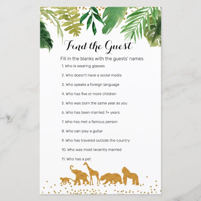 Safari animal Watercolor Find the Guest game (Front)