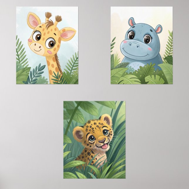 Safari Animal Watercolor Nursery Wall Art Set of 3 (Front)
