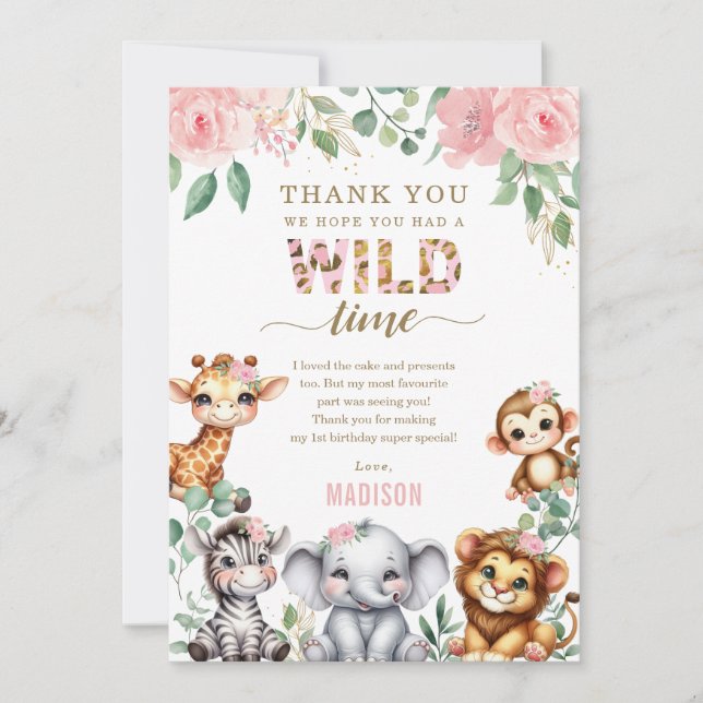 Safari Animal Wild One Blush Floral 1st Birthday Thank You Card (Front)