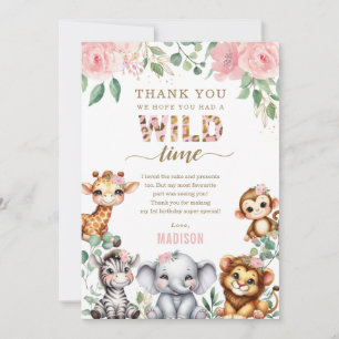 Safari Animal Wild One Blush Floral 1st Birthday Thank You Card