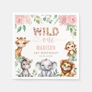 Safari Animal Wild One Blush Pink Floral Birthday Napkin