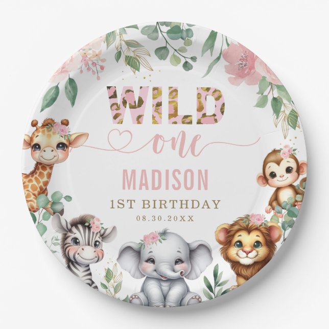 Safari Animal Wild One Blush Pink Floral Birthday Paper Plate (Front)
