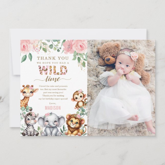 Safari Animal Wild One Floral 1st Birthday Photo Thank You Card (Front)