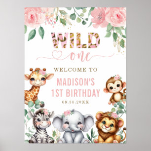 Safari Animal Wild One Floral 1st Birthday Welcome Poster