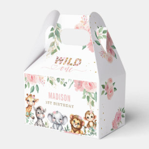 Safari Animal Wild One Pink Floral 1st Birthday Favour Box