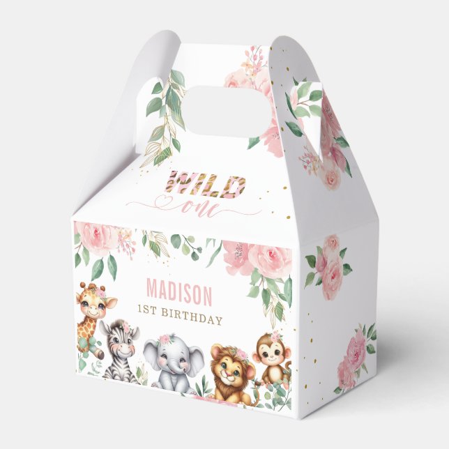 Safari Animal Wild One Pink Floral 1st Birthday Favour Box (Front Side)
