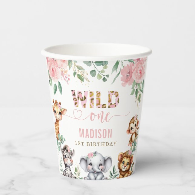 Safari Animal Wild One Pink Floral 1st Birthday Paper Cups (Front)
