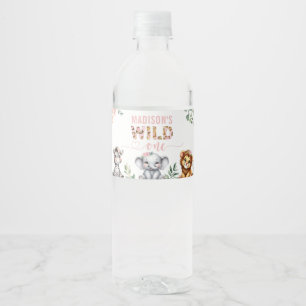 Safari Animal Wild One Pink Floral 1st Birthday Water Bottle Label