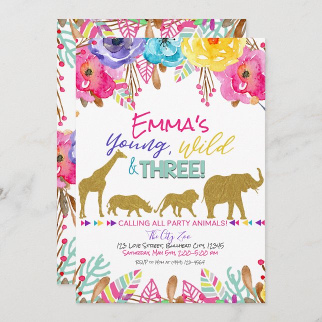 Safari Animal Young Wild & Three Girls Birthday Invitation (Front/Back)