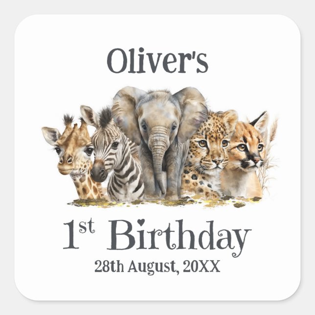 Safari Animals 1st Birthday Square Sticker (Front)