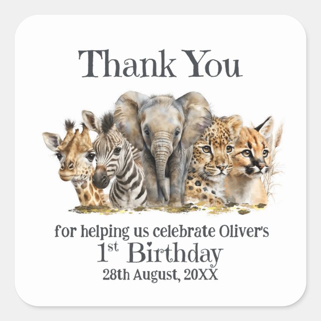 Safari Animals 1st Birthday Thank You Square Sticker (Front)