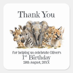 Safari Animals 1st Birthday Thank You Square Sticker