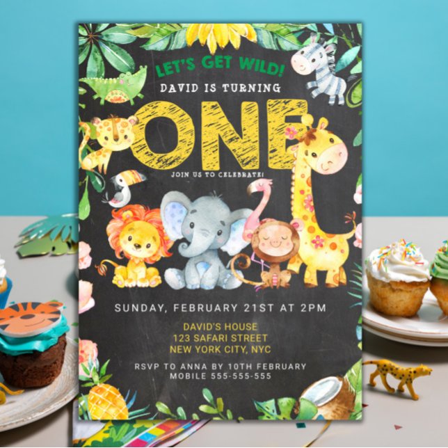 Safari Animals 1st Boy Birthday Chalkboard Jungle Invitation (jungle themed zoo birthday 1st birthday party animals safari template)