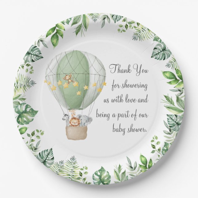 Safari animals Air balloon baby shower Thank You Paper Plate (Front)
