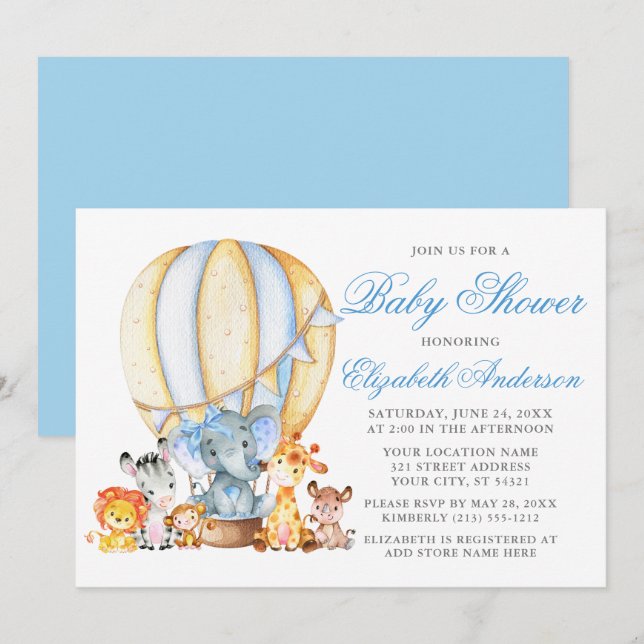Safari Animals Air Balloon Blue Bow Baby Shower  Invitation (Front/Back)