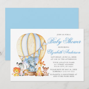 Safari Animals Air Balloon Blue Bow Baby Shower  Invitation